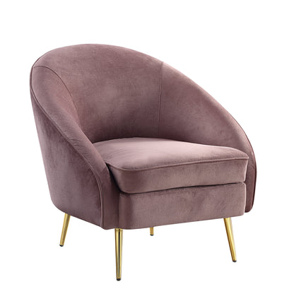 Angled view of mauve velvet accent chair with a curved silhouette and sloping armrest, designed with shiny gold metal tapered legs.