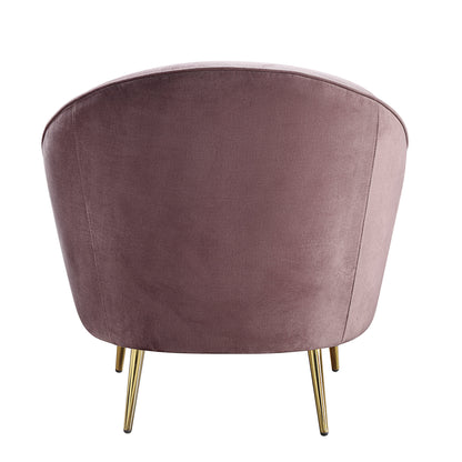 Back view of mauve velvet accent chair with a curved silhouette and sloping armrest, designed with shiny gold metal tapered legs.