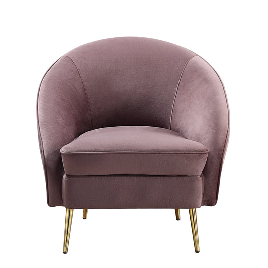 Front view of mauve velvet accent chair with a curved silhouette and sloping armrest, designed with shiny gold metal tapered legs.