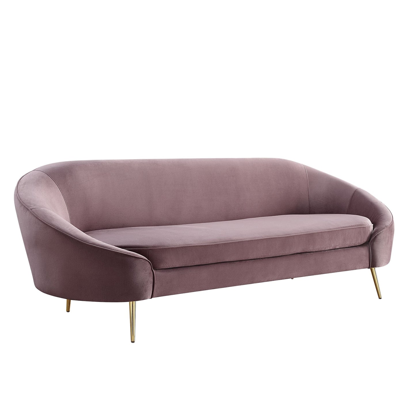 Angled view of mauve velvet sofa with a curved silhouette and sloping armrest, designed with shiny gold metal tapered legs.