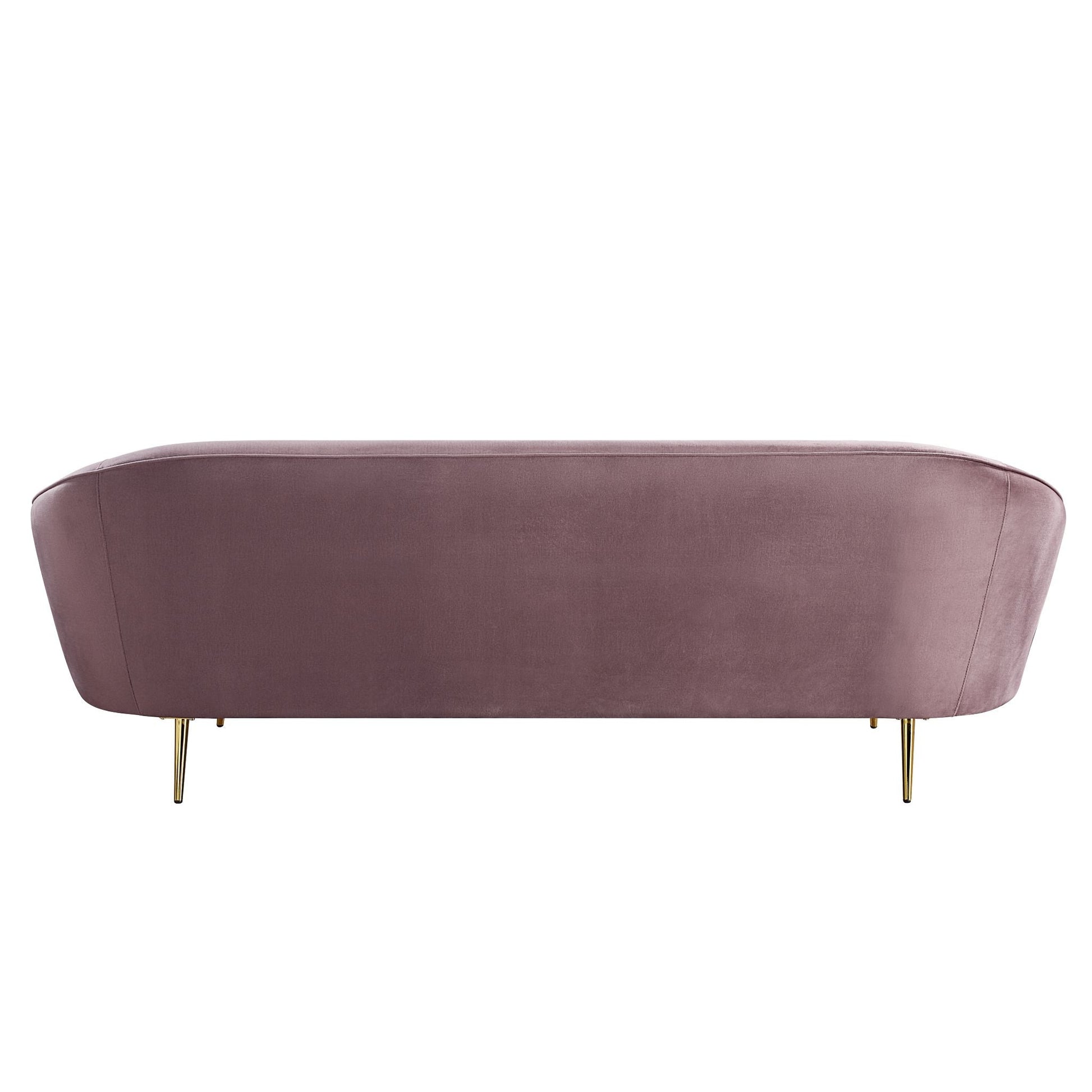 Rare view of mauve velvet sofa with a curved silhouette and sloping armrest, designed with shiny gold metal tapered legs.