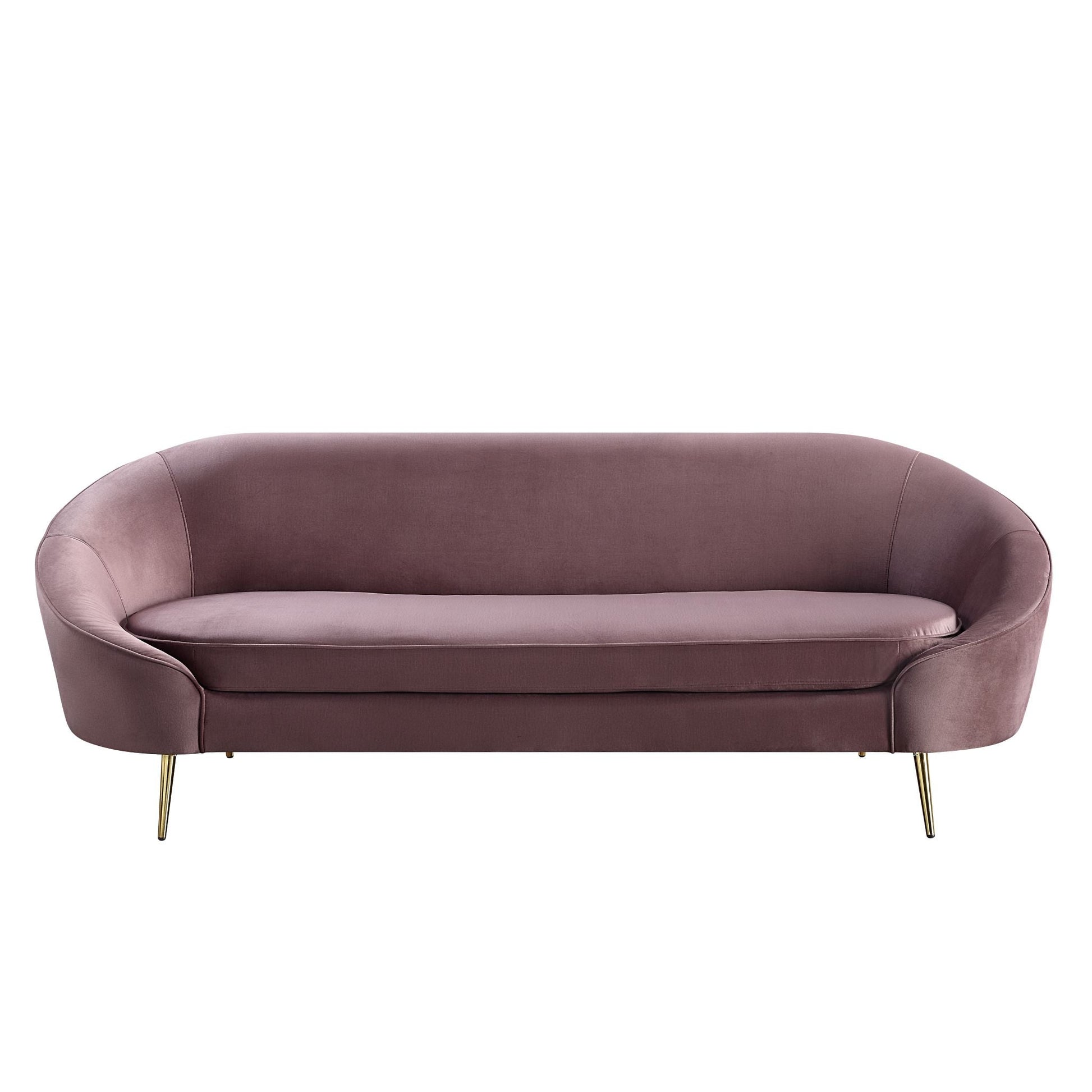 Front view of mauve velvet sofa with a curved silhouette and sloping armrest, designed with shiny gold metal tapered legs.