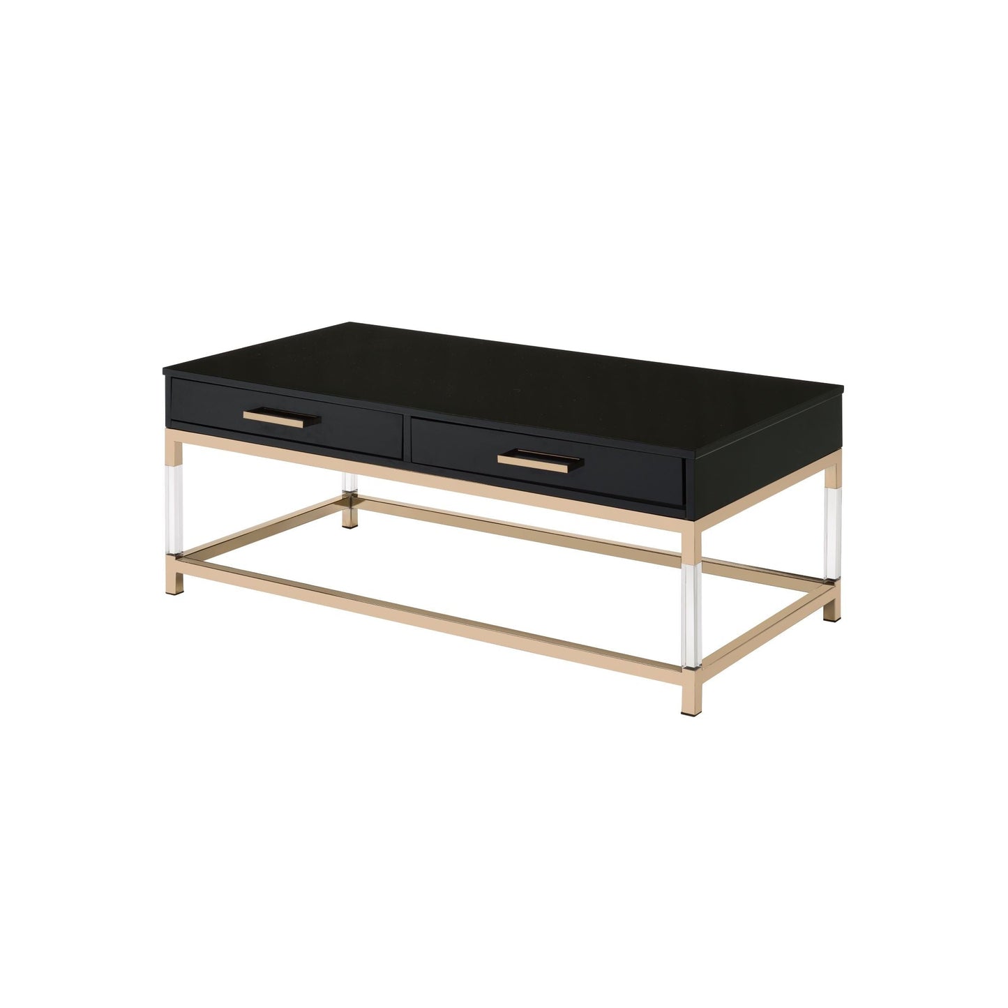 Black high gloss coffee table with two drawers. The table top rests on a gold frame and has clear acrylic legs that connect to the bottom gold frame. The drawers have matching horizontal gold handles. 