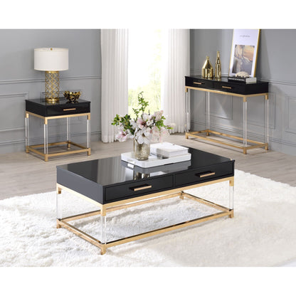 Decorated living room displaying the Adiel collection which includes a coffee table, console table and end table.