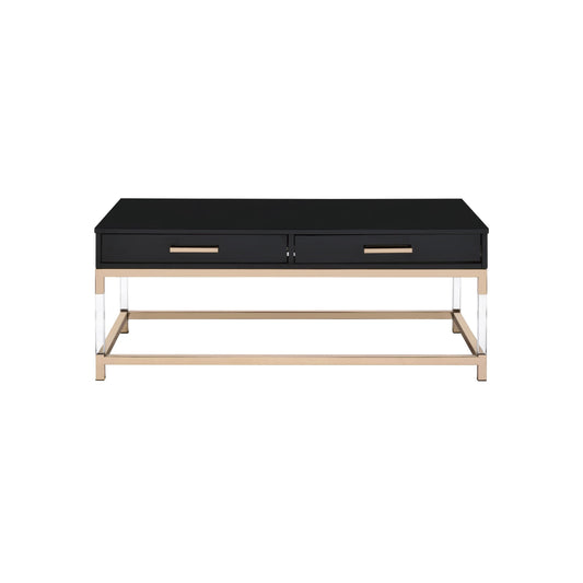 Black high gloss coffee table with two drawers. The table top rests on a gold frame and has clear acrylic legs that connect to the bottom gold frame. The drawers have matching horizontal gold handles.