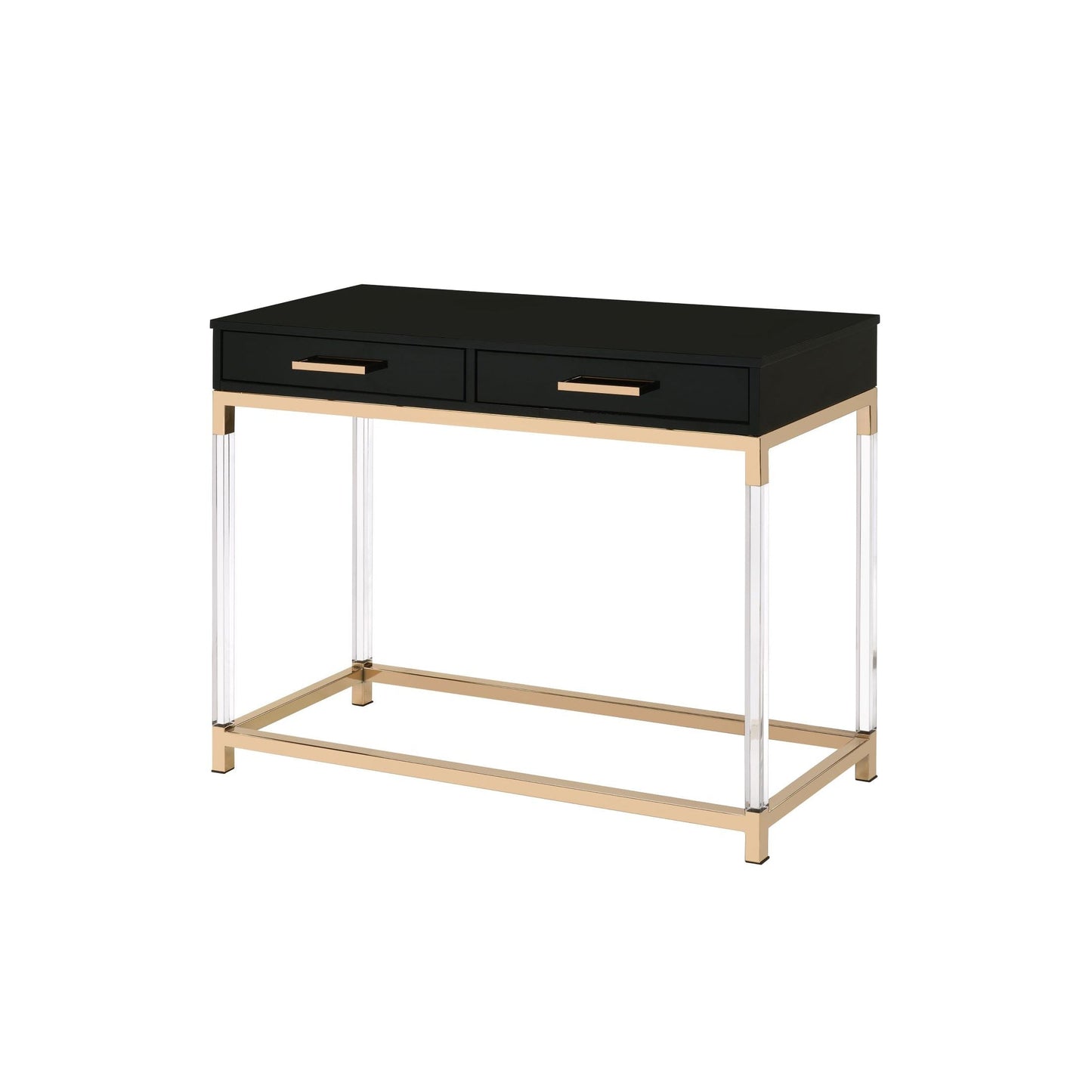 Black high gloss console table with two drawers. The table top rests on a gold frame and has clear acrylic legs that connect to the bottom gold frame. The drawers have matching horizontal gold handles.