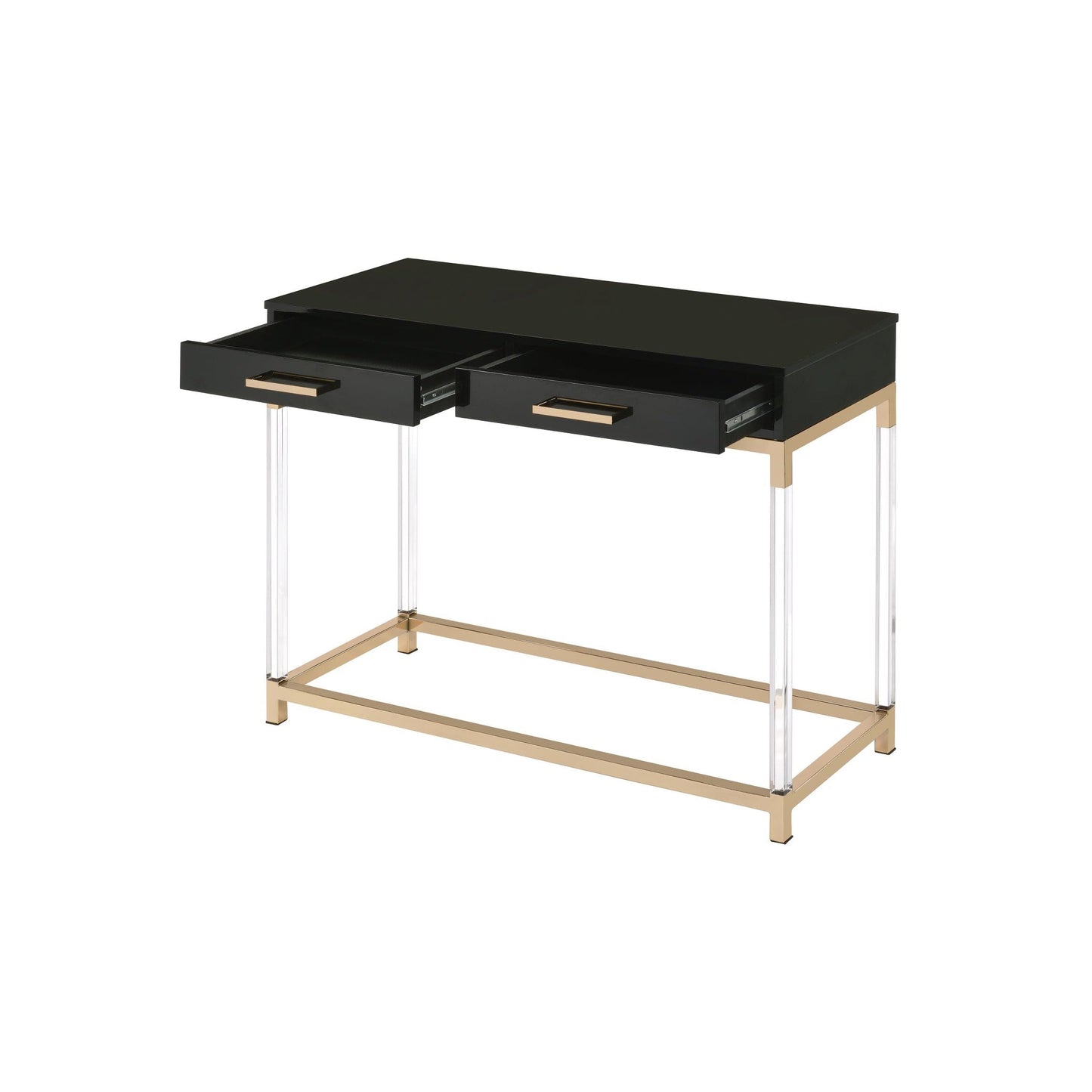 Black high gloss console table with two open drawers. The table top rests on a gold frame and has clear acrylic legs that connect to the bottom gold frame. The drawers have matching horizontal gold handles.