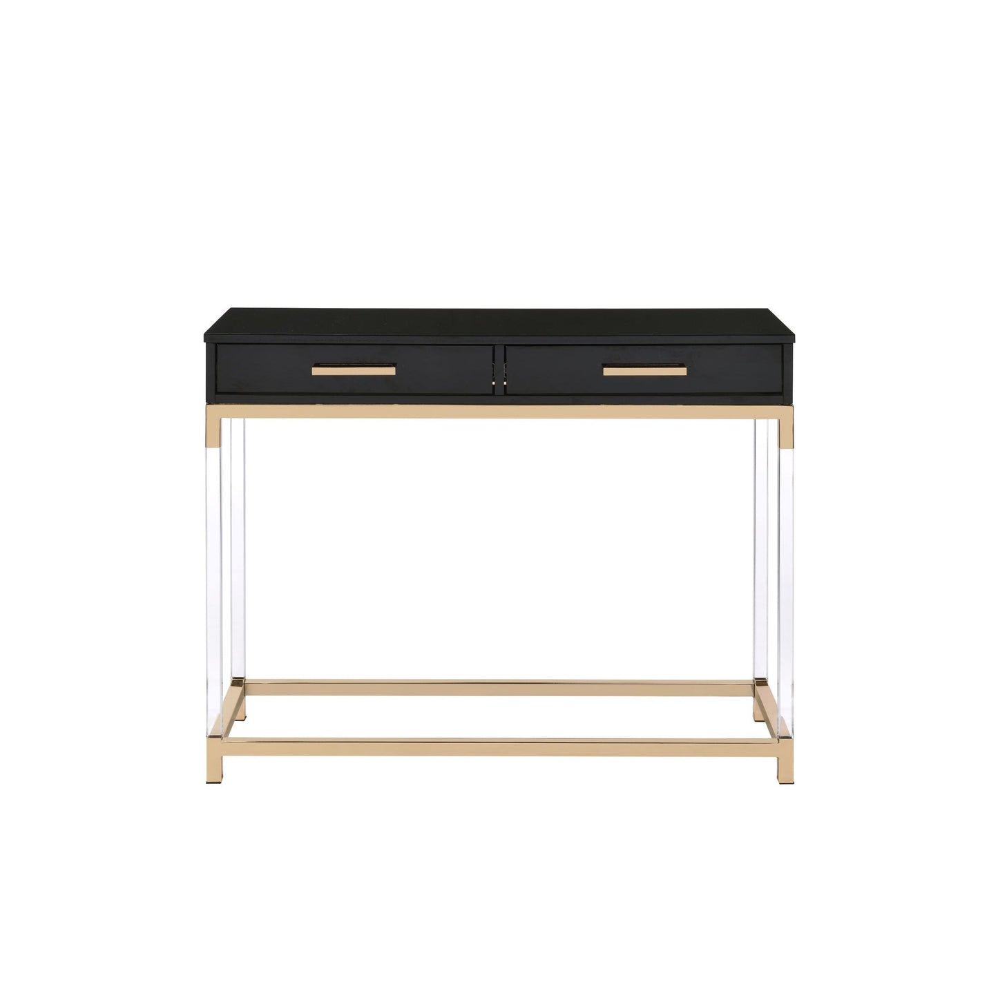 Black high gloss console table with two drawers. The table top rests on a gold frame and has clear acrylic legs that connect to the bottom gold frame. The drawers have matching horizontal gold handles.