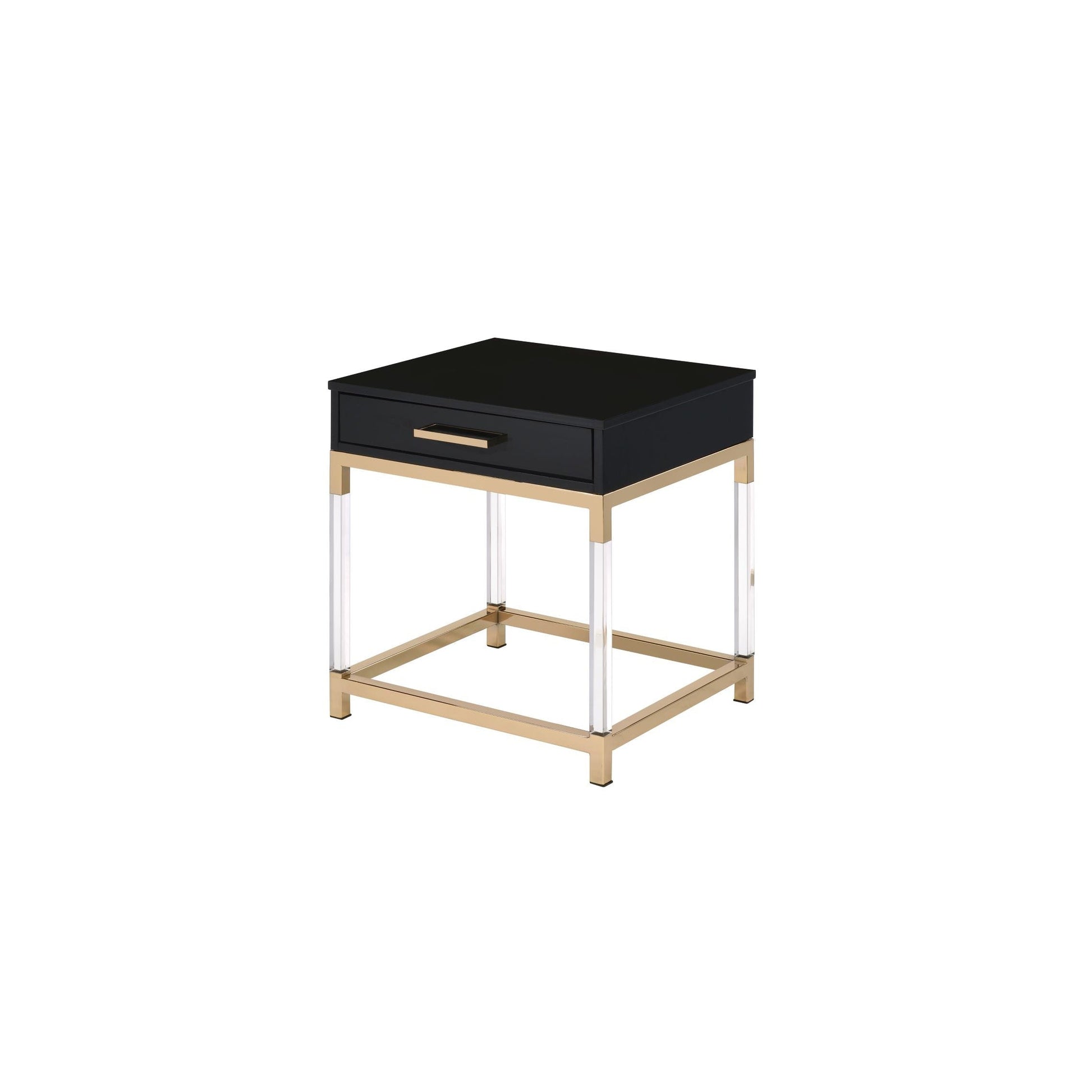 Black high gloss end table with one drawer. The table top rests on a gold frame and has clear acrylic legs that connect to the bottom gold frame. The drawer has a horizontal gold handle. 