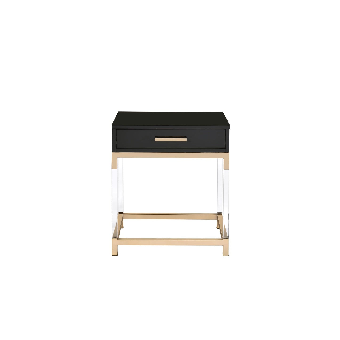 Black high gloss end table with one drawer. The table top rests on a gold frame and has clear acrylic legs that connect to the bottom gold frame. The drawer has a horizontal gold handle. 