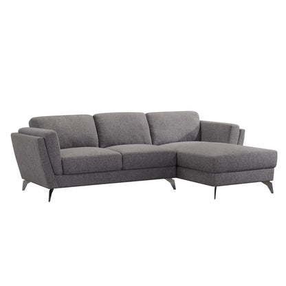 Gray sectional with stainless steel legs. This sectional features a left facing loveseat and right facing chaise.