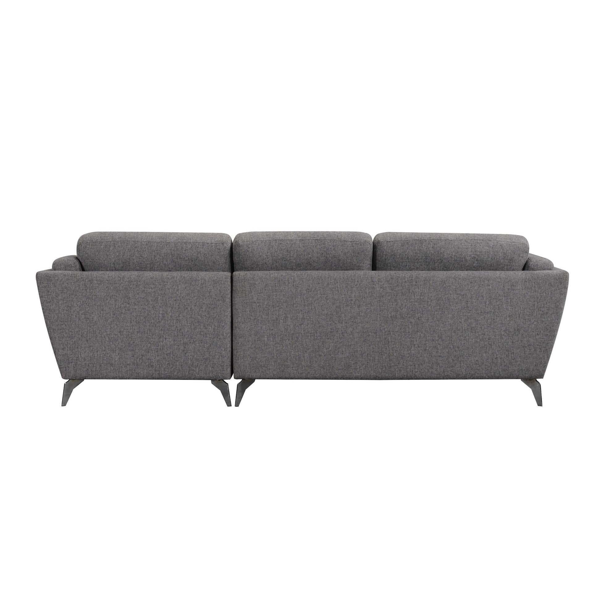 Back of Gray sectional with stainless steel legs. This sectional features a left facing loveseat and right facing chaise.