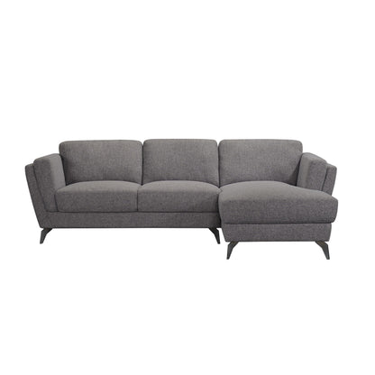 Gray sectional with stainless steel legs. This sectional features a left facing loveseat and right facing chaise.