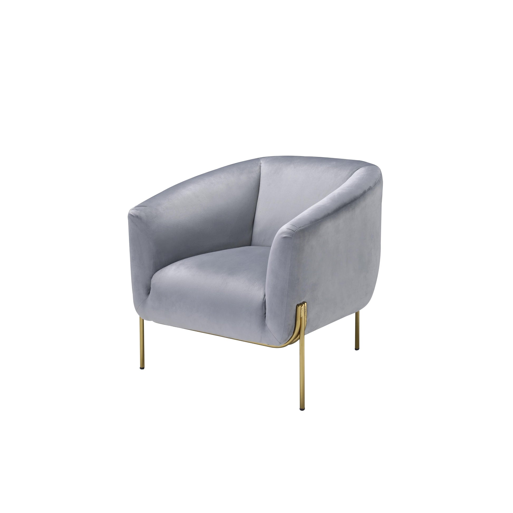 Light gray velvet barrel accent chair with gold legs.