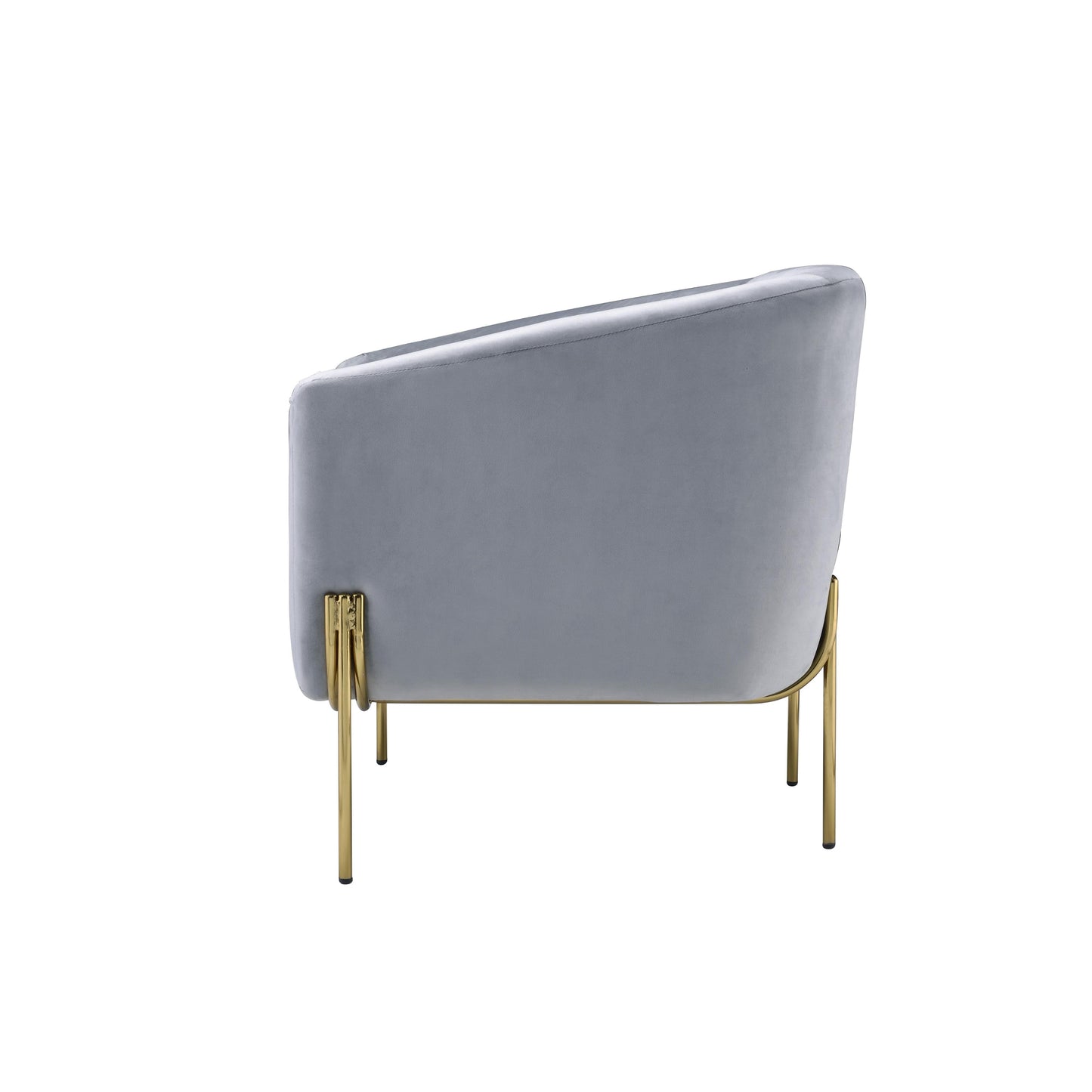 Light gray velvet barrel accent chair with gold legs.