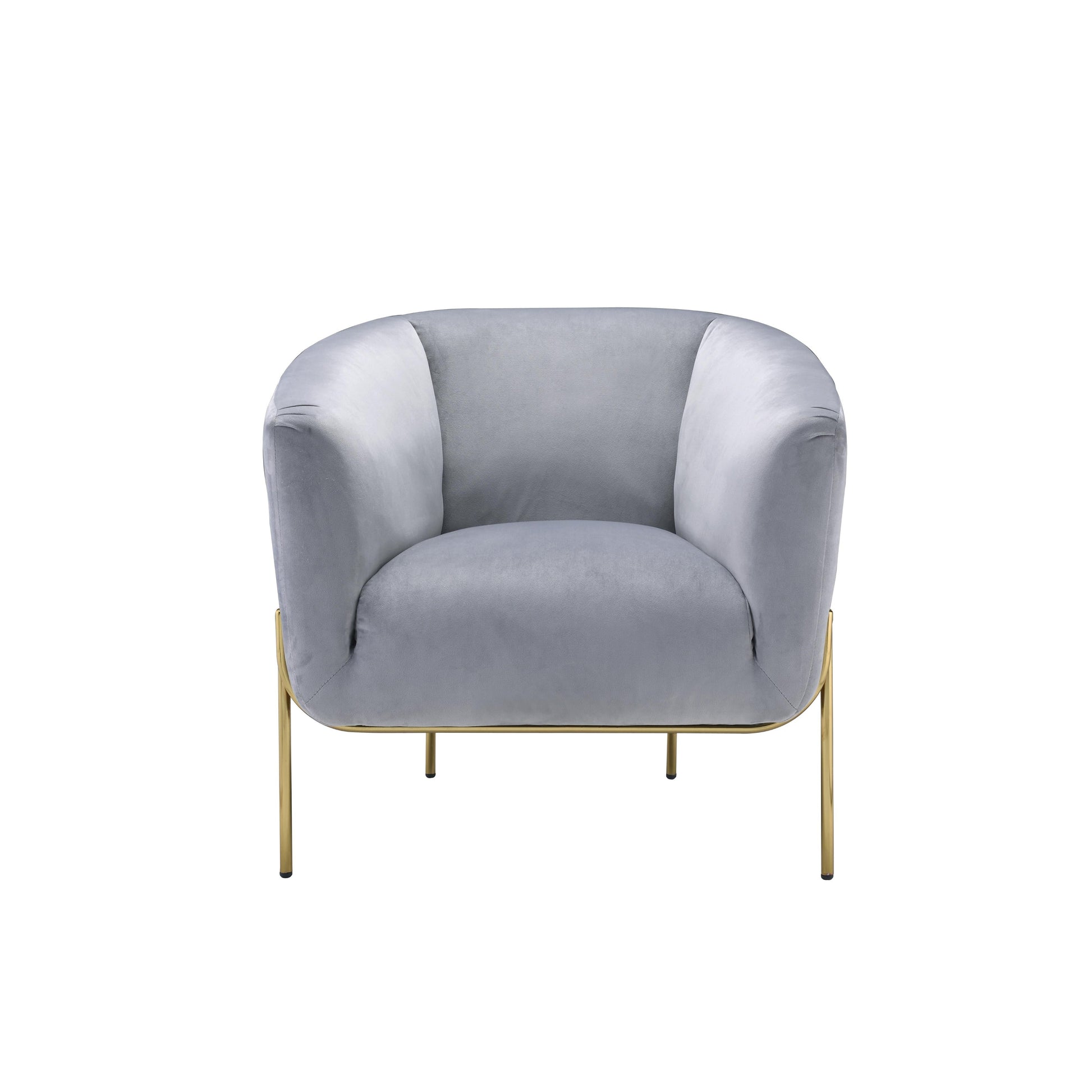 Light gray velvet barrel accent chair with gold legs.