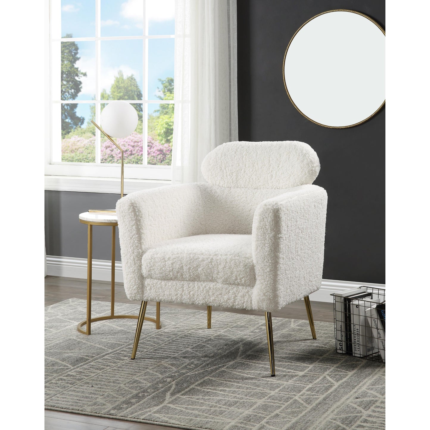 Connock Accent Chair with Teddy sherpa fabric and gold legs.