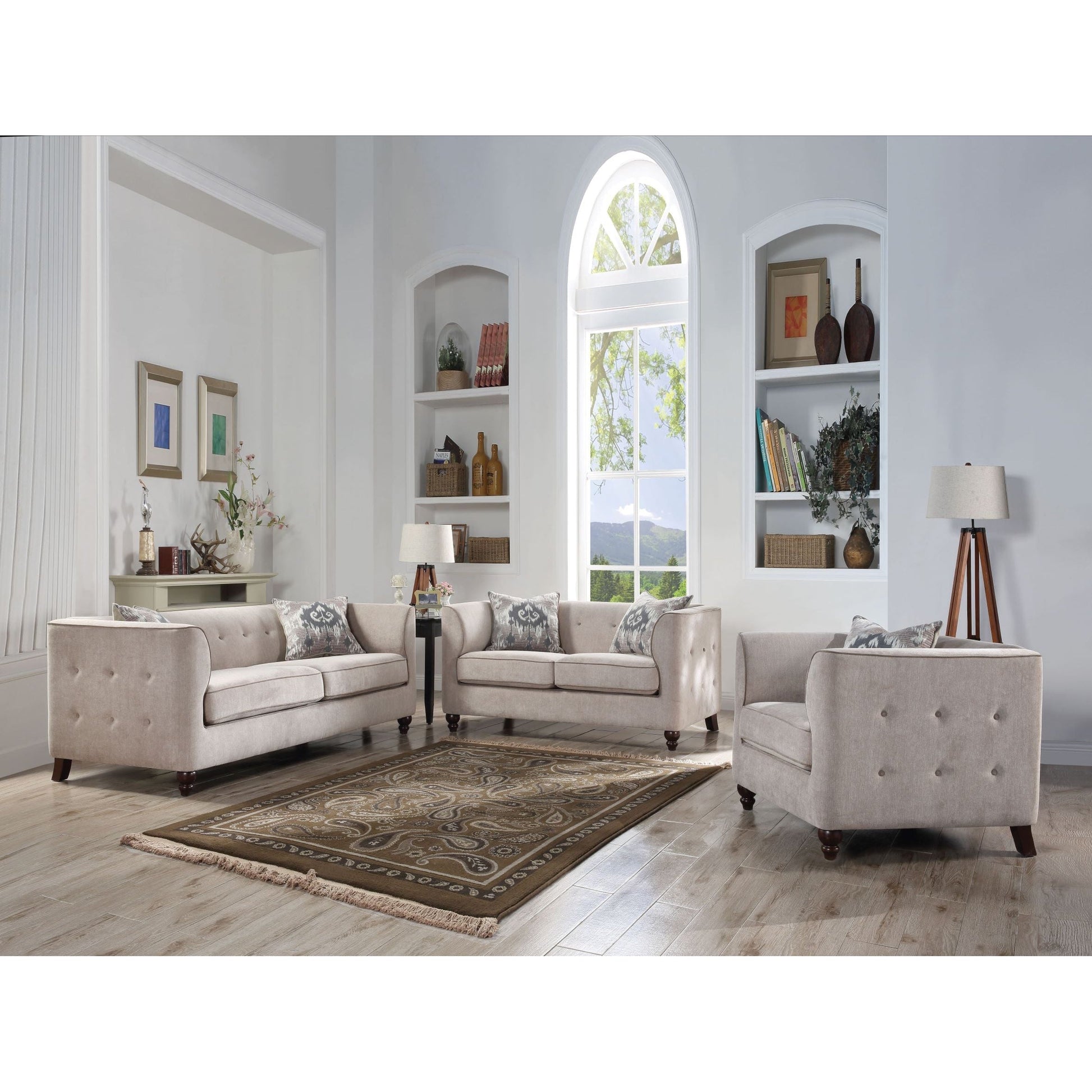 Entire Cyndi Living Room collection shown together in a decorated living room. The collection includes an accent chair, a loveseat, and a sofa. Modern fabric shades accented with tufted cushions, the eye-catching Cyndi collection will vitalize any living space.