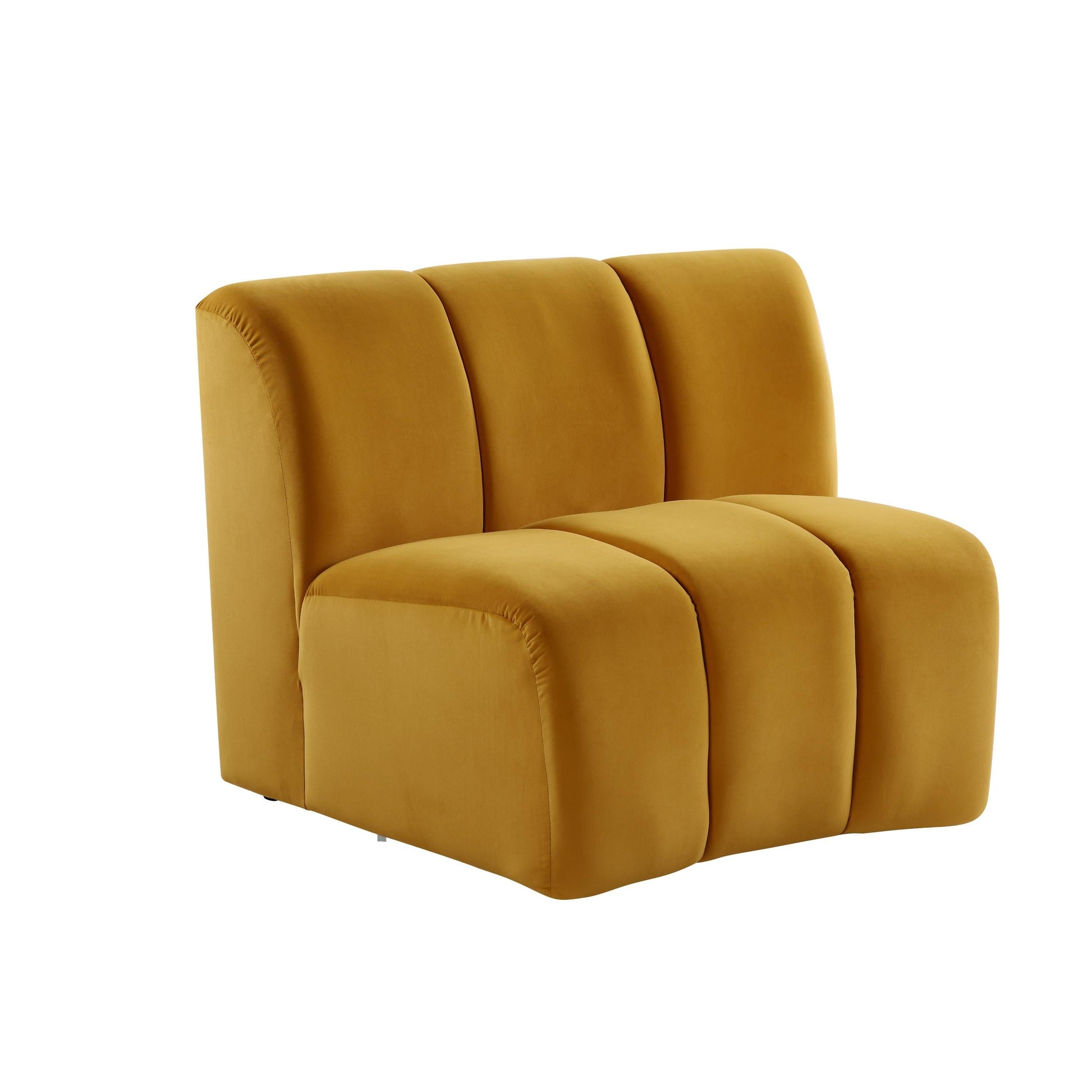 Sofa features a mustard yellow velvet upholstery, with vertical channel tufting.