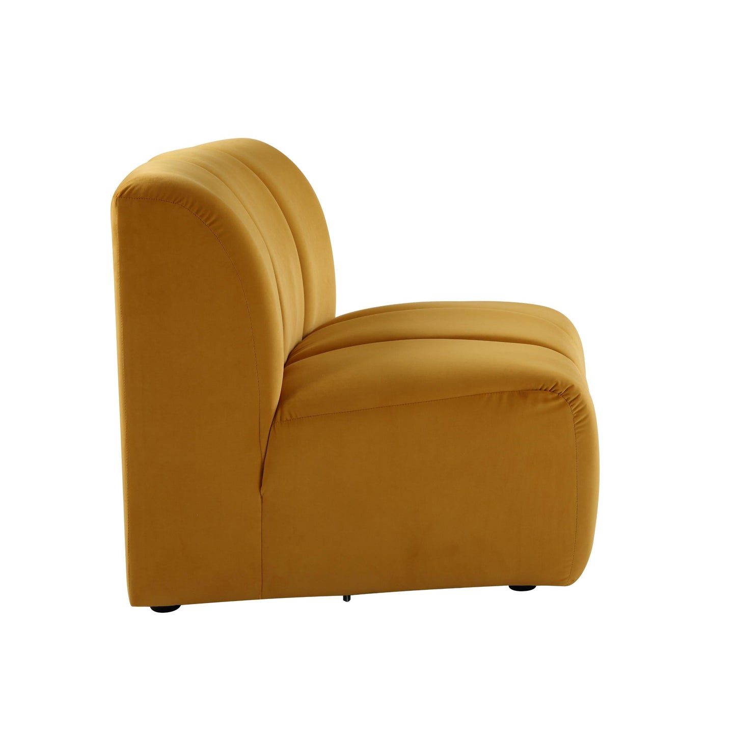 Sofa features a mustard yellow velvet upholstery, with vertical channel tufting.