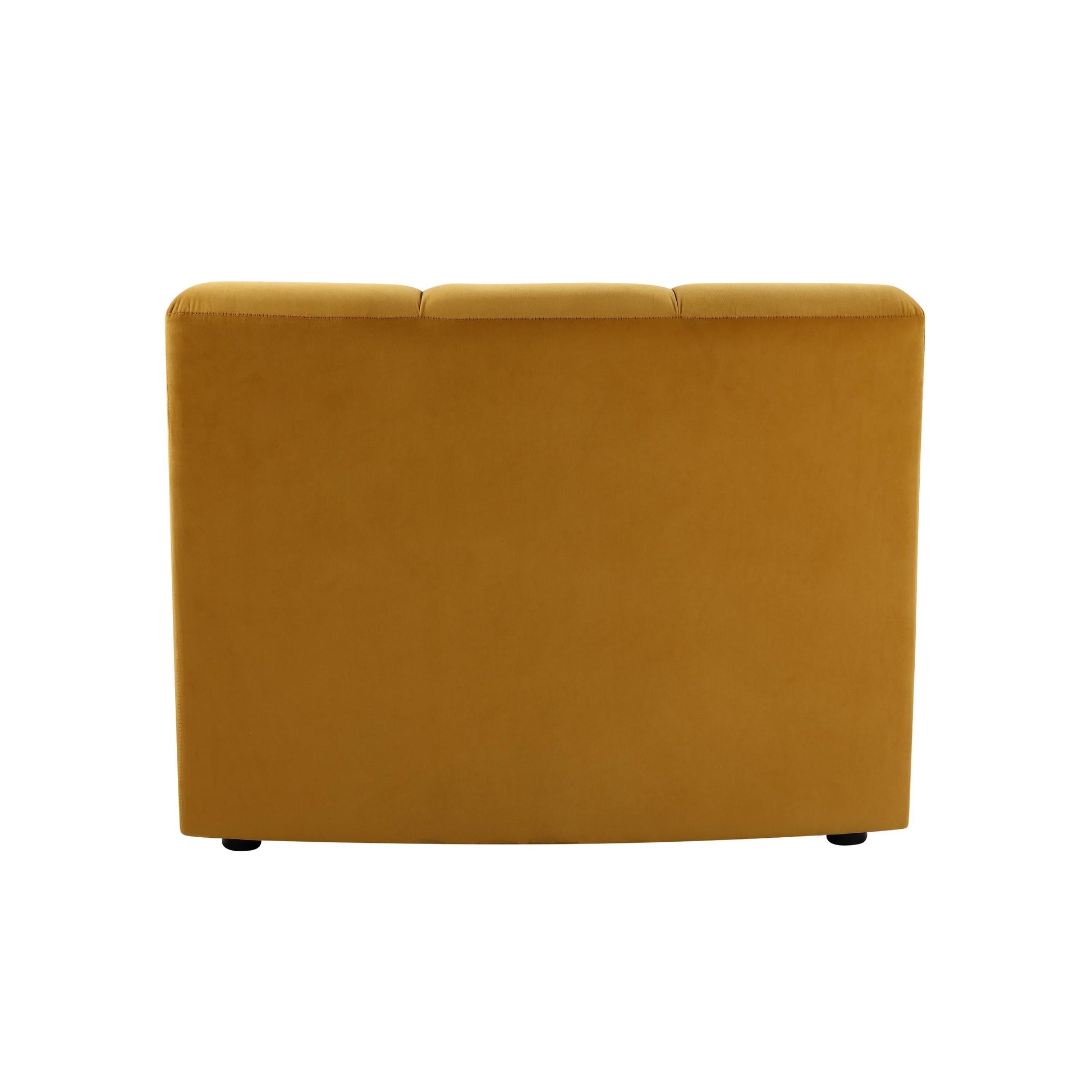 Sofa features a mustard yellow velvet upholstery, with vertical channel tufting.