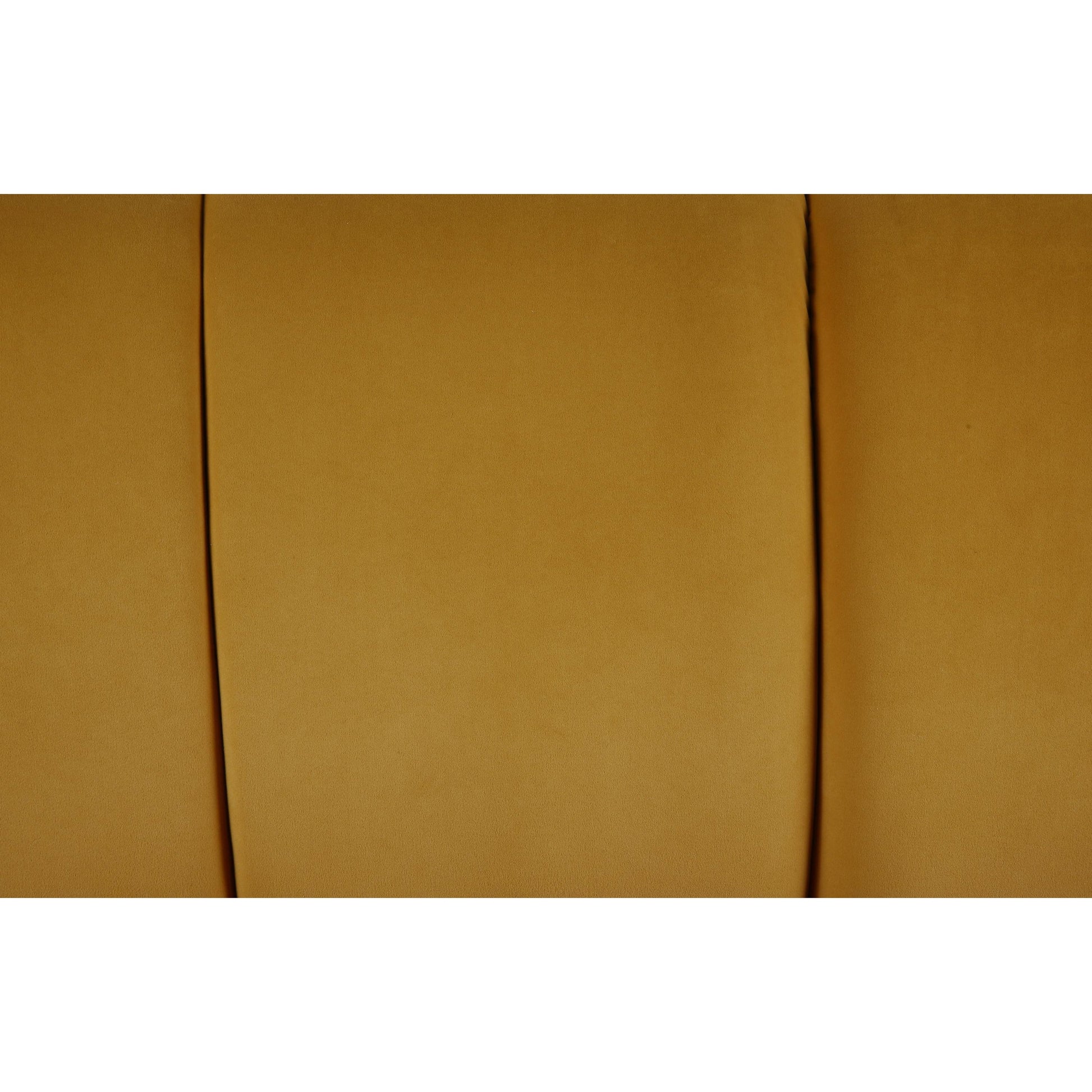 Sofa features a mustard yellow velvet upholstery, with vertical channel tufting.