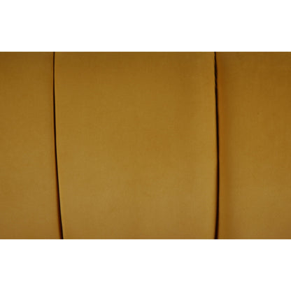 Sofa features a mustard yellow velvet upholstery, with vertical channel tufting.