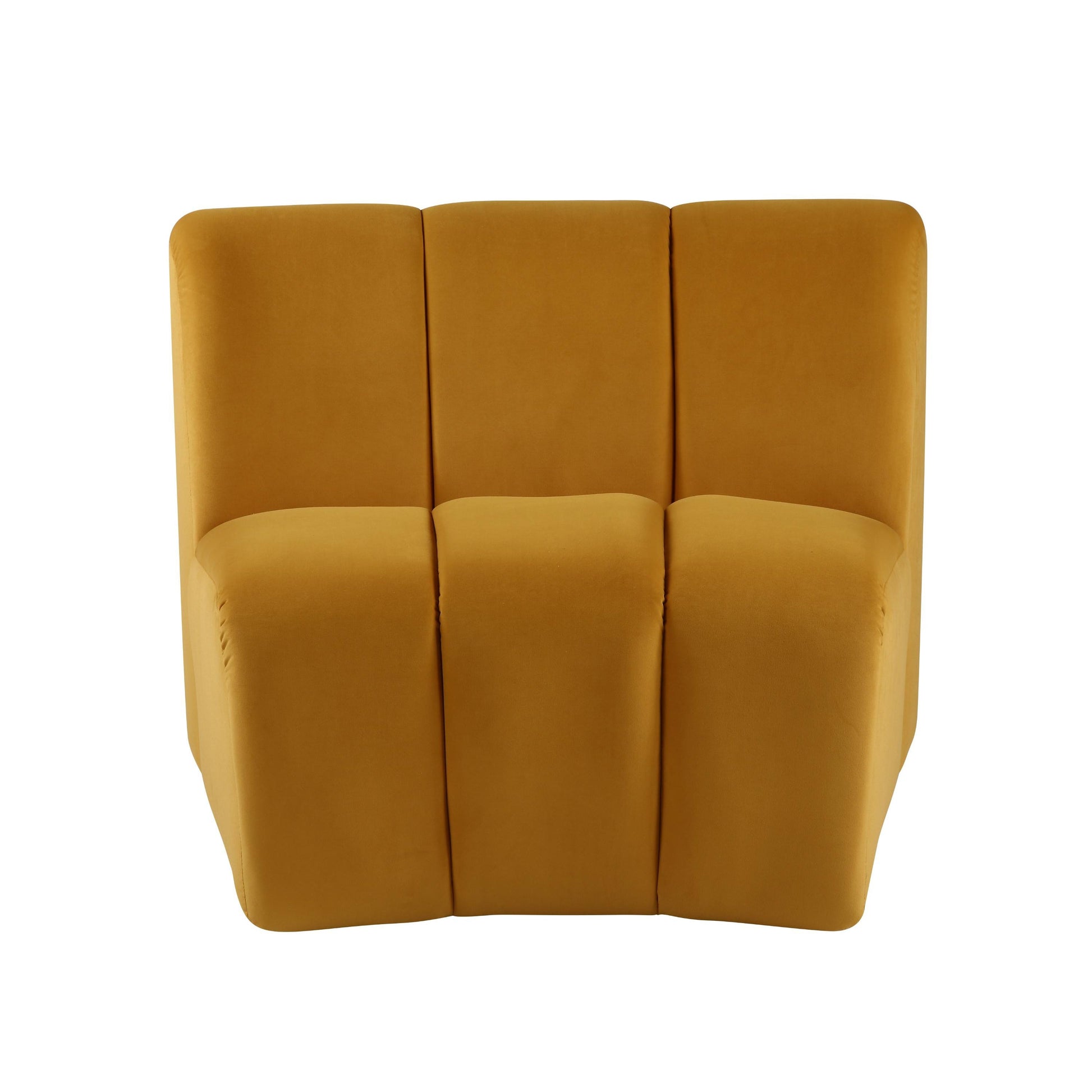 Sofa features a mustard yellow velvet upholstery, with vertical channel tufting.