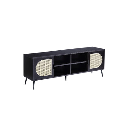 Wooden Mid-century moden TV stand with a black finish. The center of TV console has four cubby spaces for storage. There is a cabinet on each side of the TV console with cane detailing. 