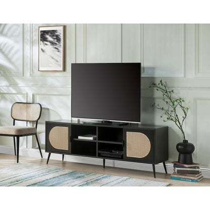 Georgia Cane TV console shown in decorated living room.Wooden Mid-century moden TV stand with a black finish. The center of TV console has four cubby spaces for storage. There is a cabinet on each side of the TV console with cane detailing. 