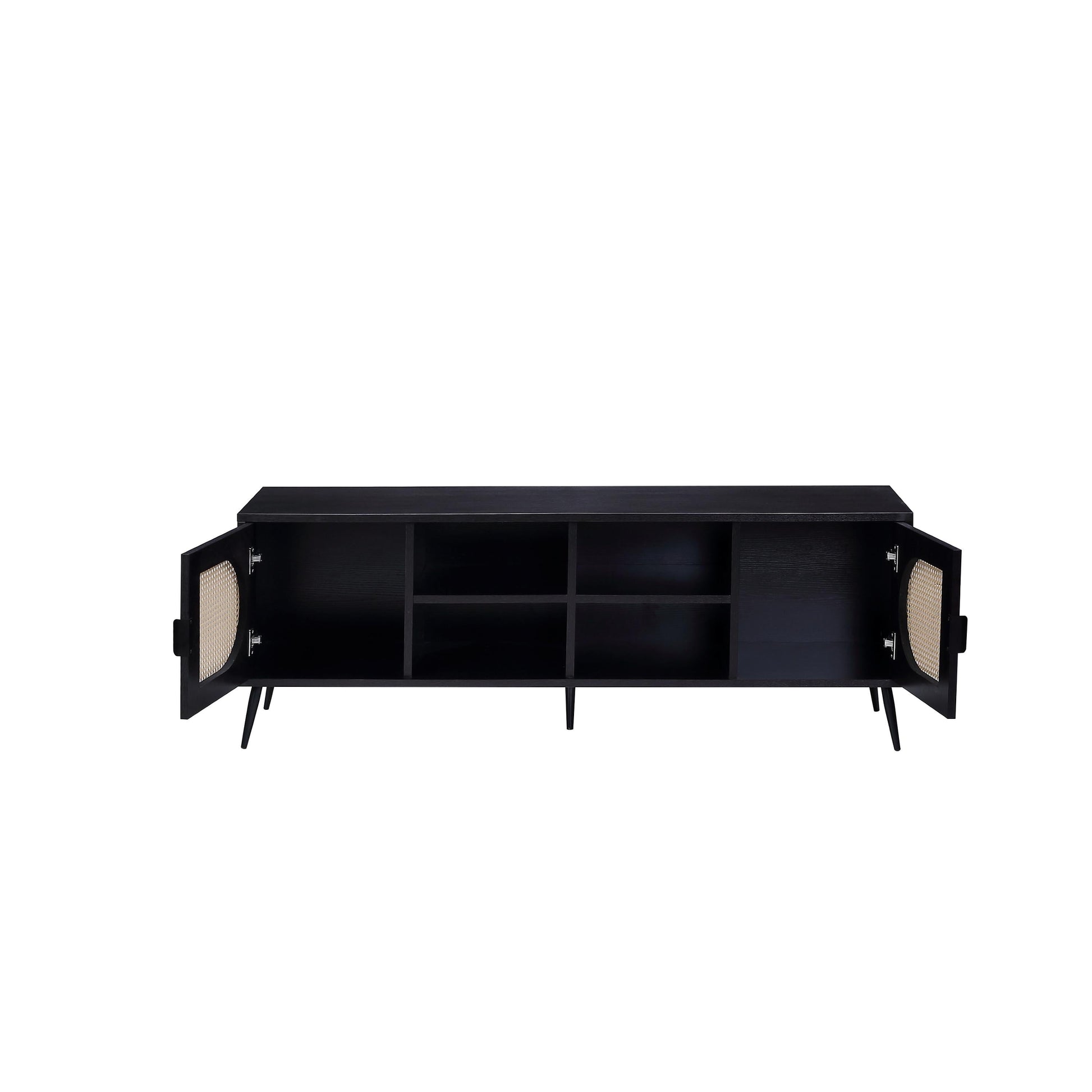 Wooden Mid-century moden TV stand with a black finish. The center of TV console has four cubby spaces for storage. There is a cabinet on each side of the TV console with cane detailing. 