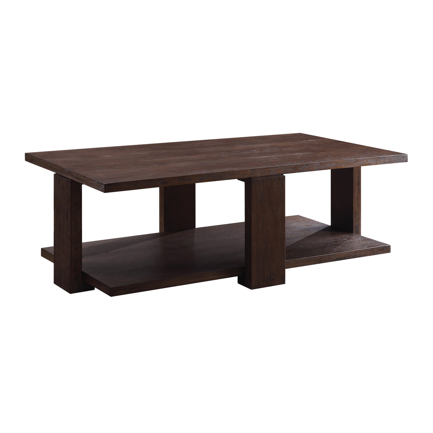 52 inch long coffee table with wide legs that connect the top and base of the table. The base of the table is also 52 inches wide. The table has a rich walnut finish and matches the Niamey living room set.