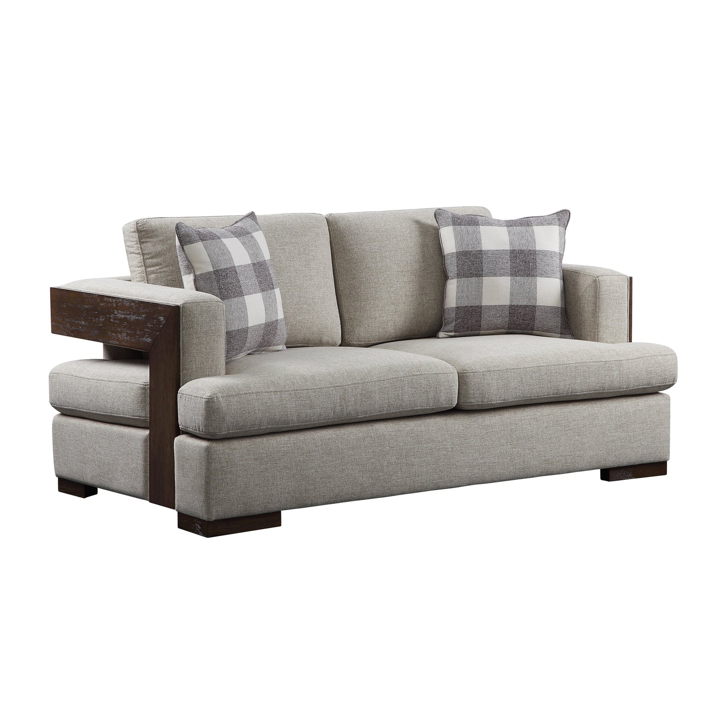 Light gray loveseat, exposed wood trim, and track style arms. Two decorative pillows shown resting on the loveseat