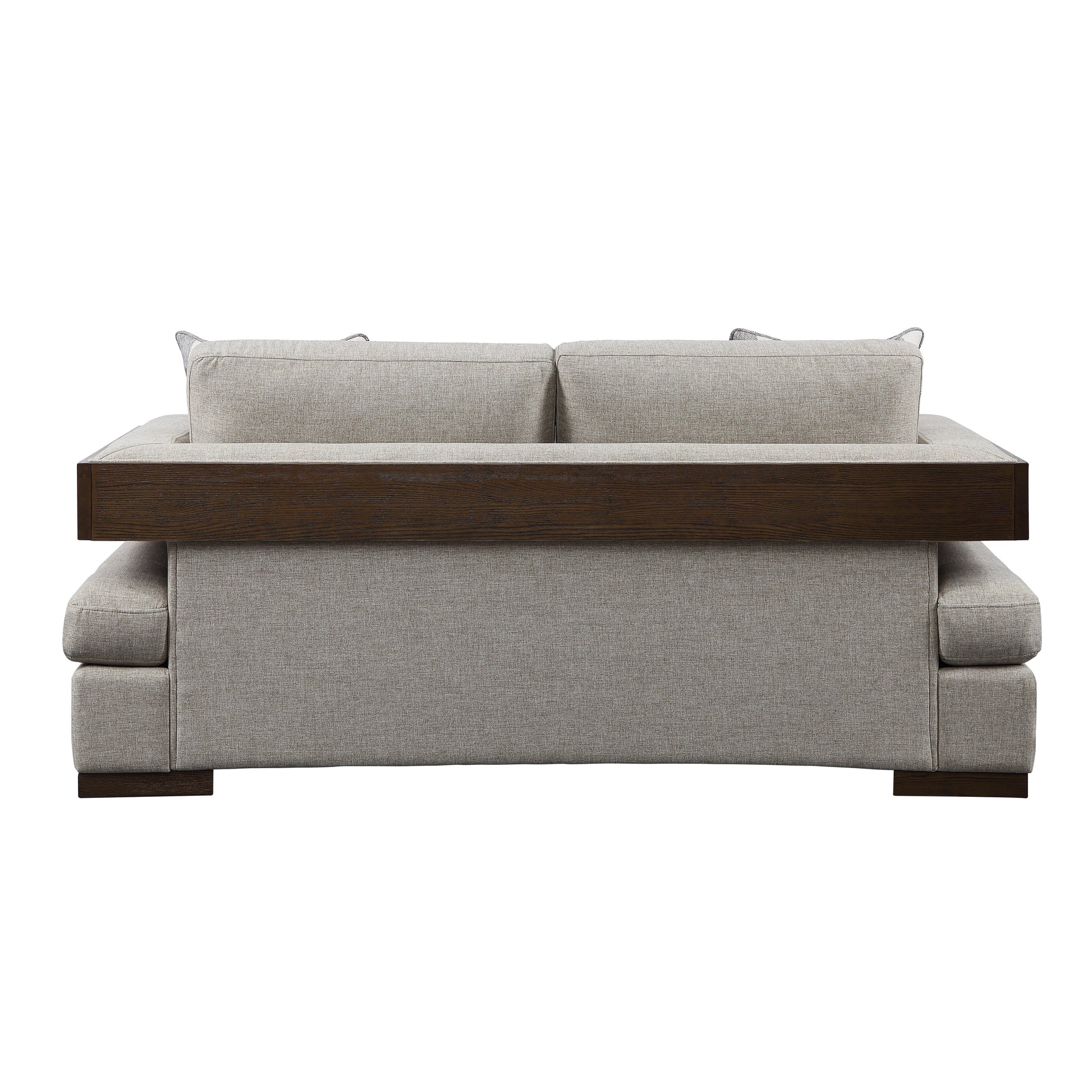 Back of light gray loveseat shown, with exposed wooden trim with a rich walnut finish along the back frame of loveseat.