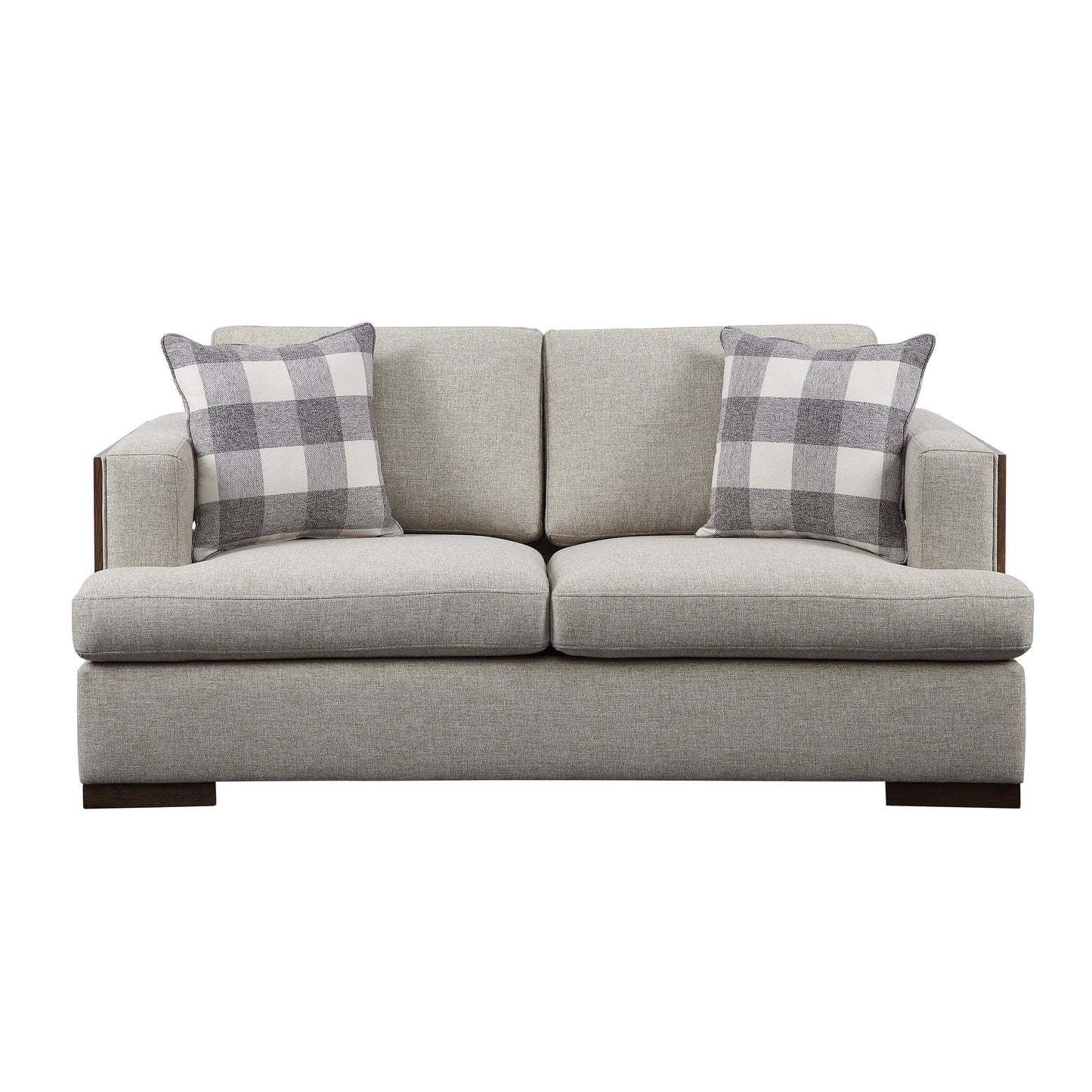 Light gray loveseat, exposed  wooden trim with a rich walnut finish, and track style arms. Two decorative pillows shown resting on the loveseat