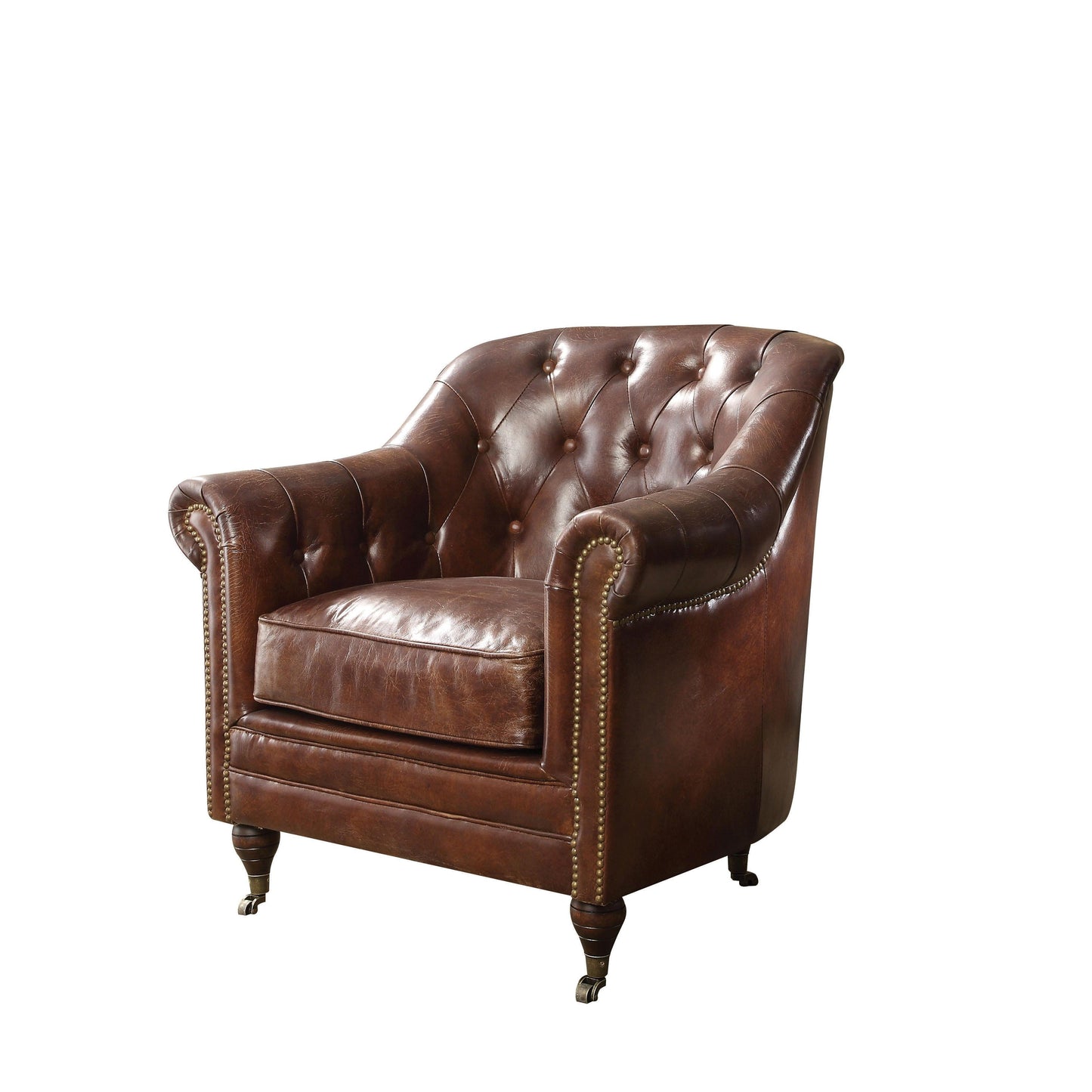 Dark brown leather accent chair with rounded arm rests and tufting details. The Legs of the chair are wooden with bronze metal casters.