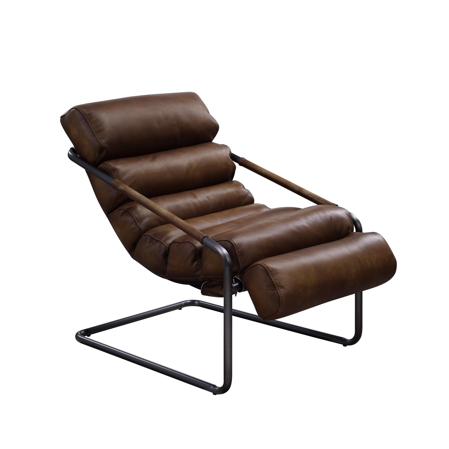 Brown leather accent chair with matte iron framing. Accent chair is detailed with horizontal tufting. The accent chair has a slight recline.