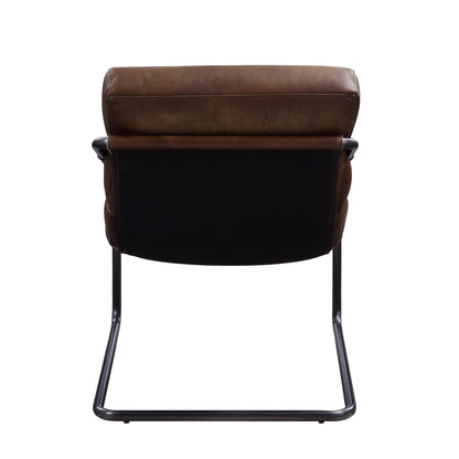 Brown leather accent chair with matte iron framing. Accent chair is detailed with horizontal tufting. The accent chair has a slight recline.