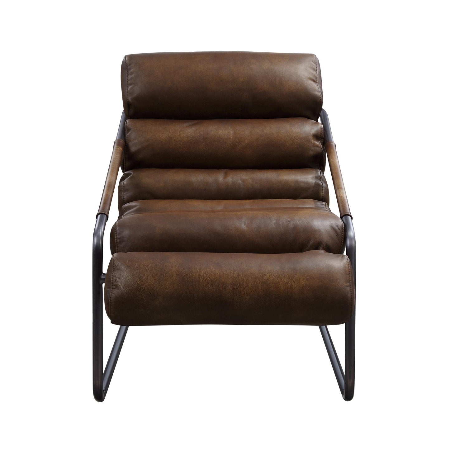 Brown leather accent chair with matte iron framing. Accent chair is detailed with horizontal tufting. The accent chair has a slight recline.